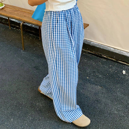 Plaid Wide Leg Pants Pockets Sping Summer High Waist Straight Loose Trousers Female