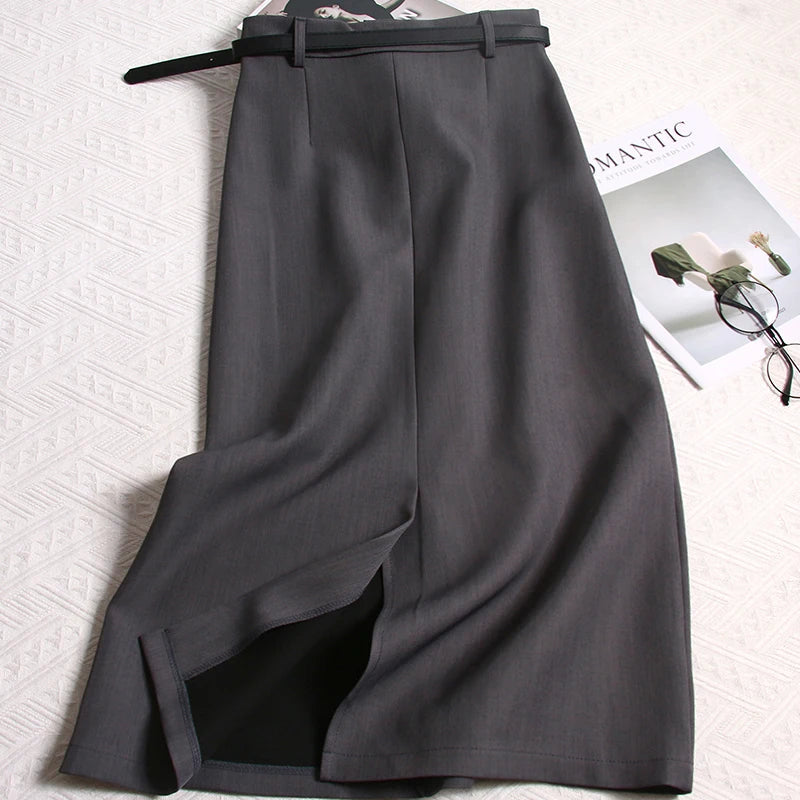 Spring Simple Long Skirts Aline Korean High Waist Faldas Mujer Office Lady Retro Skirt