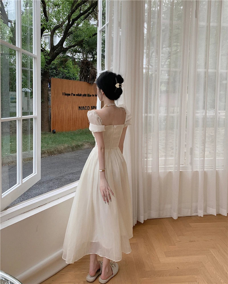 Summer Halter Midi Dress Female Chiffon Square Neck Party One Pieces Dresses French New Vestidos Robe