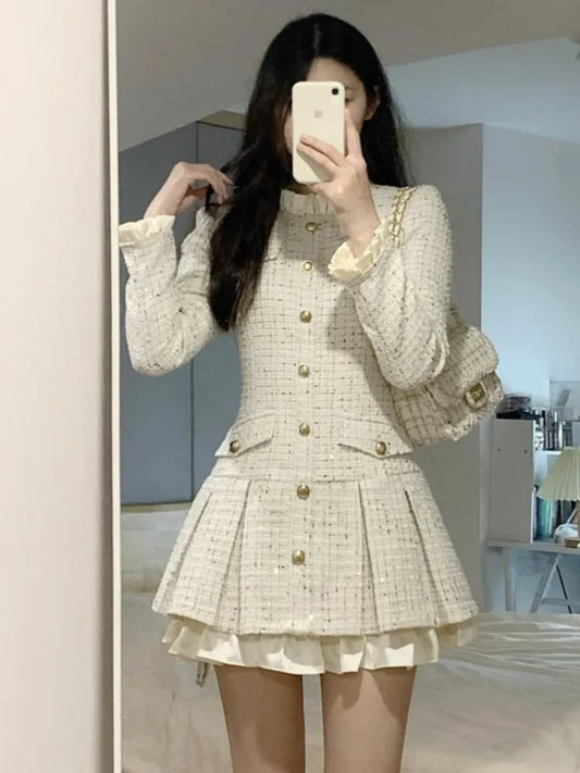 French Coat Dresses for Long Sleeve O-neck Ruffles A-line Short Dress Autumn Spring Korean Vestidos Mujer New