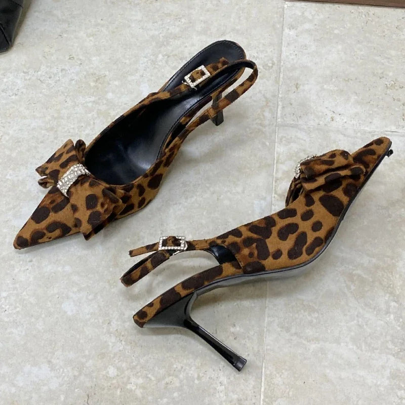 Leopard Thin High Heels Butterflyknot Office Shoes Summer Pointed Toe Sandals Pumps Sandalias De Mujer