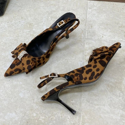 Leopard Thin High Heels Butterflyknot Office Shoes Summer Pointed Toe Sandals Pumps Sandalias De Mujer
