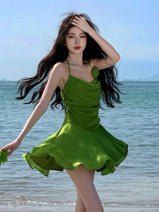 Sweet Green Mini Dress for Halter Sleeveless Party Dresses Summer Holiday Pleated Aline Short Vestidos Mujer