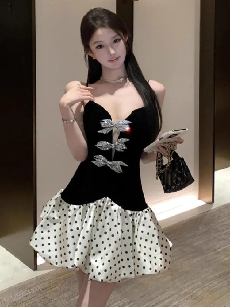 Dresses Bow Rhinestone Sweet Satin Patchwork Velvet Sleeveless V Neck Backless Mini Dress Party Female