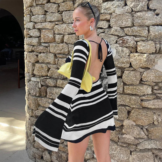 Knitted Backless Dress for Autumn Slim Color Block Mini Dresses Holiday Lace Up High Waist Dress Woman