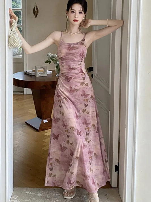 Printed Long Dresses for Mesh Spaghetti Strap Slim A-line Party Dress Summer Korean One Piece Vestido Mujer