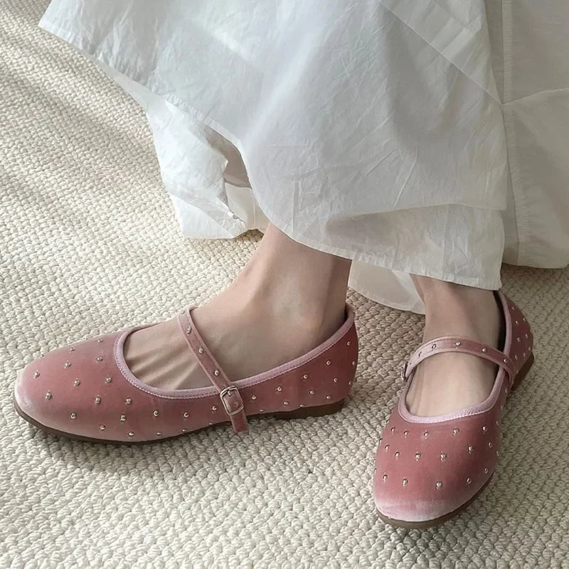 Satin Velvet Rivet Decoration Flat Shoes New Designer Comfort Mary Jane Shoe Ballet Flats Loafers