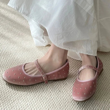 Satin Velvet Rivet Decoration Flat Shoes New Designer Comfort Mary Jane Shoe Ballet Flats Loafers