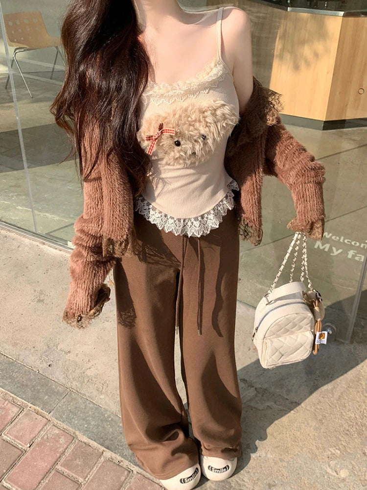 Kawaii 2 Piece Sets Y2k Crop Top Corset Vest + Cardigan Coats 2000s American Y2k Suits Outfis Autumn