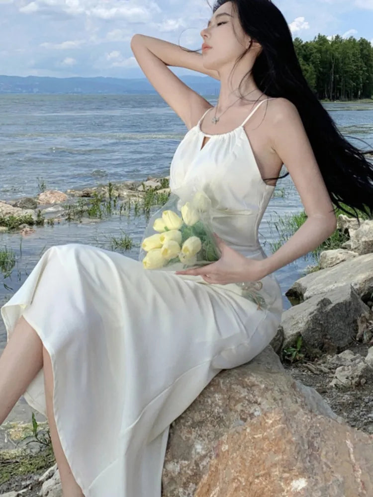 Spring Beige Long Dress New Spaghetti Strap Dresses Female Evening Party Prom Robe Summer Satin Gown Mujer