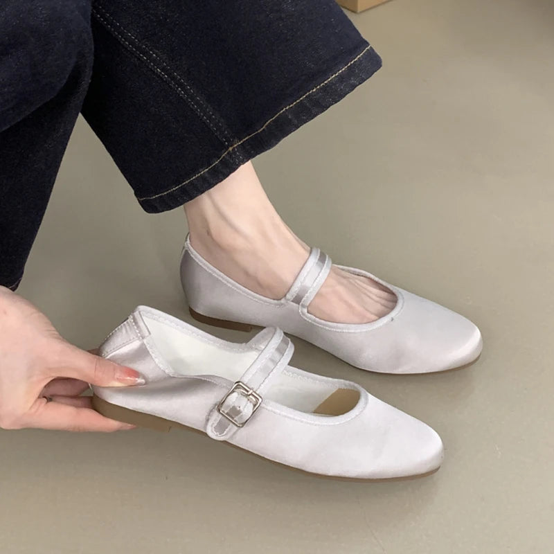 Comfort Satin Soft Sole Mary Jane Shoes Round Toe Shallow Flats Buckle Prom Designer Ballet Shoes