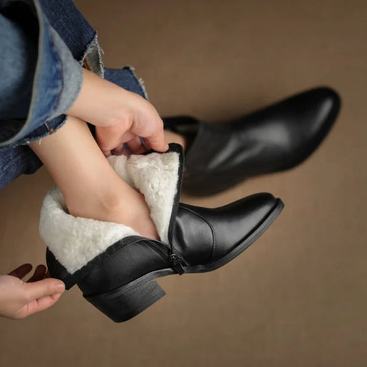 Winter Shoes Warm Wool Boots Pointed Toe Chunky Boots Genuine Leather Boots Fur Boots for Boots