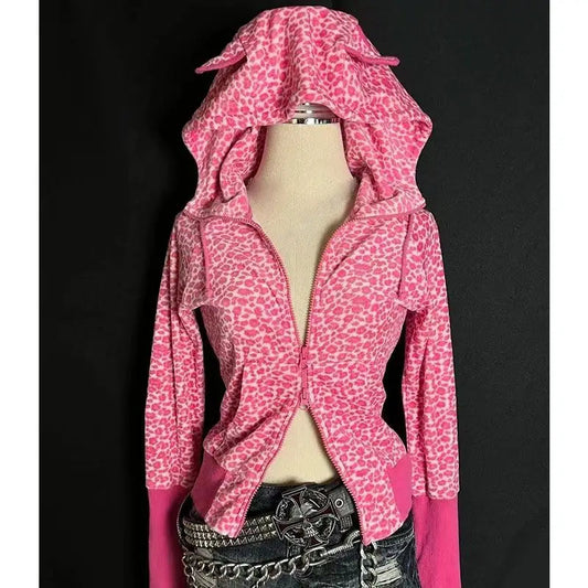 Autumn/winter American Retro Hot Girl Plum Pink Leopard Pattern Loose Hoodie Top Zipper Coat Sweatshirt for