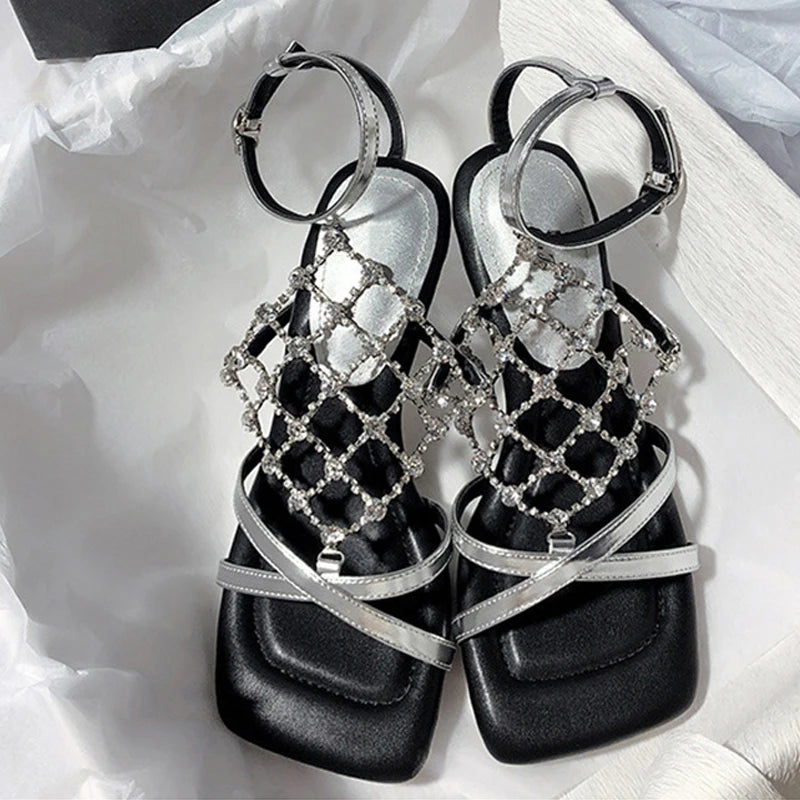 Roma Style Hollow Out Crystal Mesh Sandals Cozy Square Open Toe Strange Low Heels Shoes Summer Gladiator Sandalias