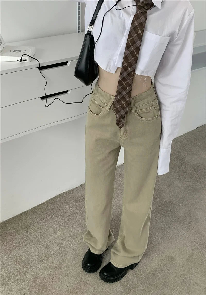 Baggy Khaki Jeans Straight Loose High Waist Trousers Star Patchwork Denim Wide Leg Pants