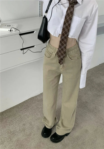Baggy Khaki Jeans Straight Loose High Waist Trousers Star Patchwork Denim Wide Leg Pants