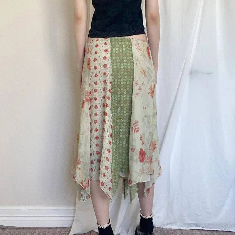 Contrast Color Print Aline Skirt Summer New Low Waist Split Irregular Midlength Skirt
