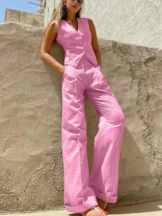 Loose Pant Sets Woman High Waist Baggy Trouser Suit for Summer V Neck Vest 2 Piece Suits Outfits 2