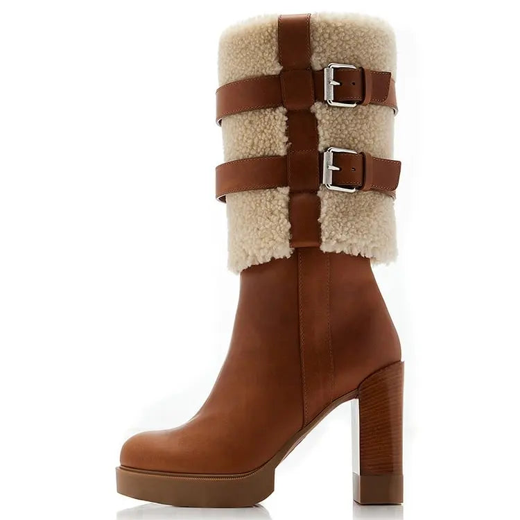 Brown Platform Suede Boots Round Toe Lambswool Shoes Chunky Heel Midcalf Booties Winter Warm Shoes Rubber Sole
