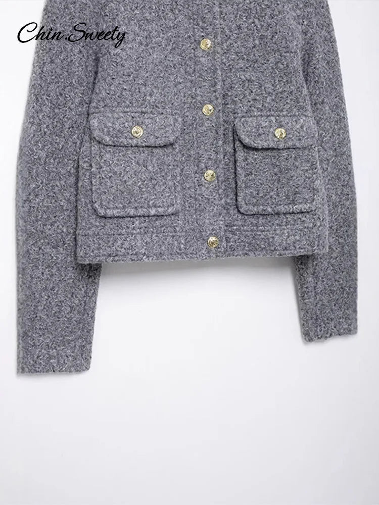 Woolen Blends Coat for O-neck Metal Button Gray Long Sleeve Pockets Jackets Autumn Lady High Street Outwear