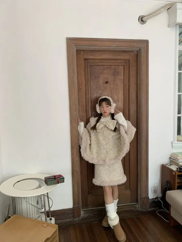 High End Sweet Temperament Loose Bow Cloak Coat New Winter Clothes Short Skirt Set Plush Splicing Two Piece Sets Outfits