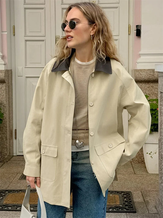 Pocket Trench Outwear for Patchwork Autumn Cardigan Lapel Loose High Waist Coat ’s Overcoat New