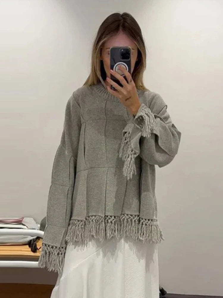 Pleated Tassel Sweaters Loose Knitted Pullover Sweater Female Autumn High Street Tops