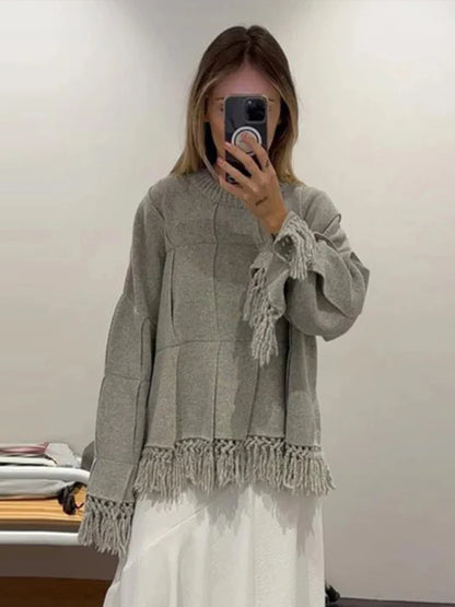 Pleated Tassel Sweaters Loose Knitted Pullover Sweater Female Autumn High Street Tops