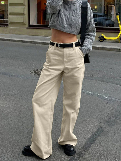 Khaki Classic Wide Leg Pant High Waist Pocket Loose Simple Trouser Autumn Winter Pants New