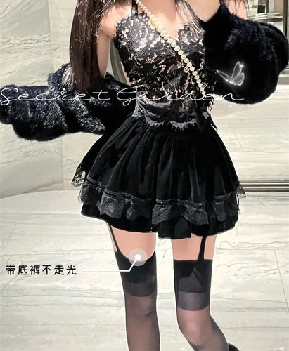 Korean Retro Japanese Style Lace Patchwork Low Waist Cake Mini Skirt Skirt