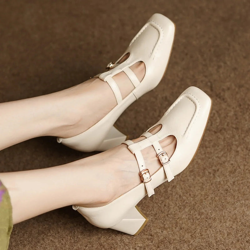 Genuine Leather Double Metal Buckle Tstrap Slipon Pumps 7cm Thick Med Heel Ol Style Daily Heeled Shoes