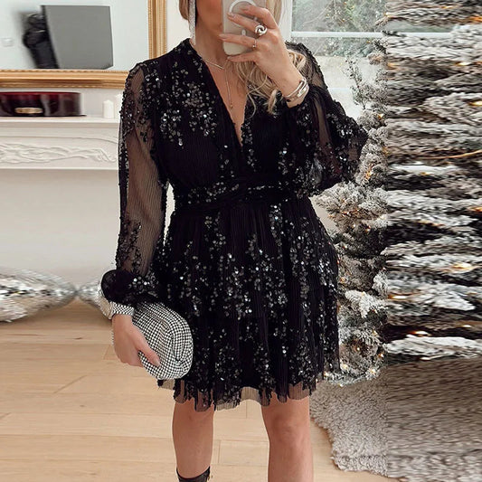 Deep Vneck Layer Christmas Dress Spring Glitter Sequins Shiny Party Dress Autumn Long Sleeve Tunic Aline Mini Dress