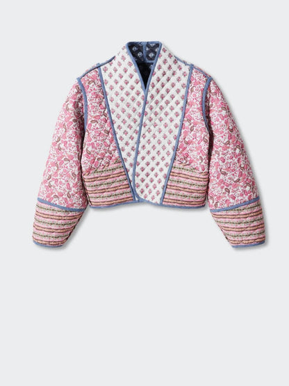 Printed Flower Quilted Reversible Cotton Coat Long Sleeve Open Front Two in One Jackets Autumn Street Outerwear