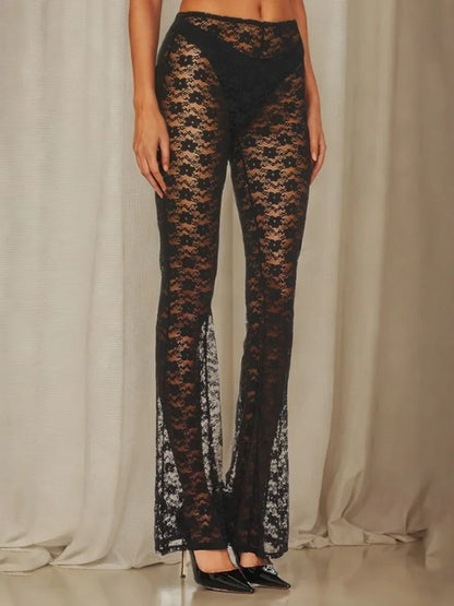 Long Micro Flare Y2k Pants Slim Fit Mesh Patchwork Pants High-waisted High-stretch