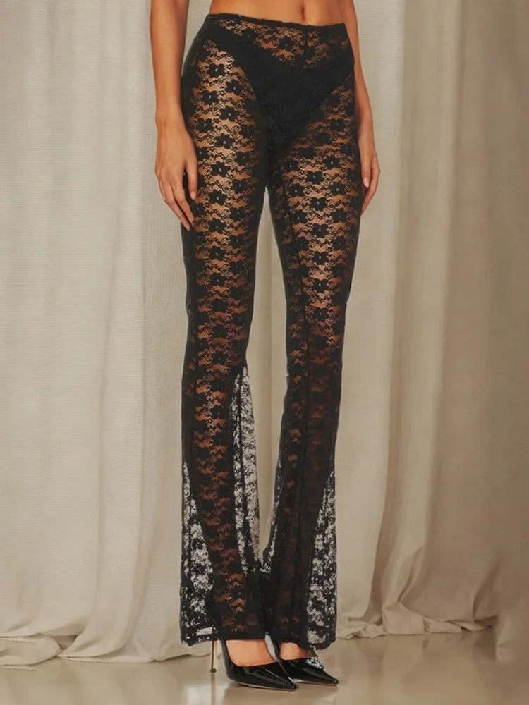 Long Micro Flare Y2k Pants Slim Fit Mesh Patchwork Pants High-waisted High-stretch