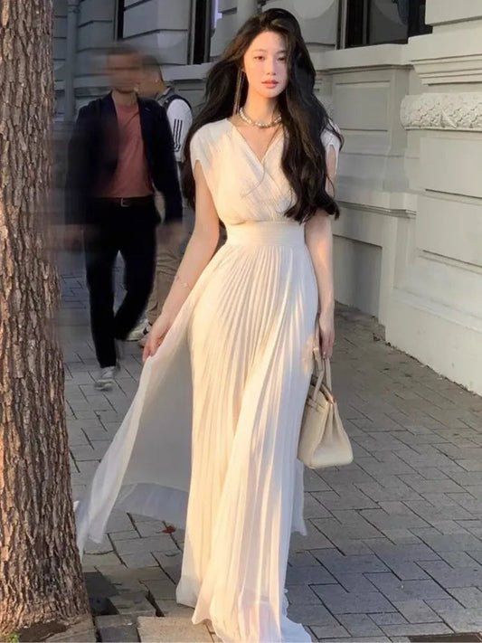 Summer Pleats Long Dresses French V Neck Holiday Party Vestidos High Waist Wedding Robe Clothes