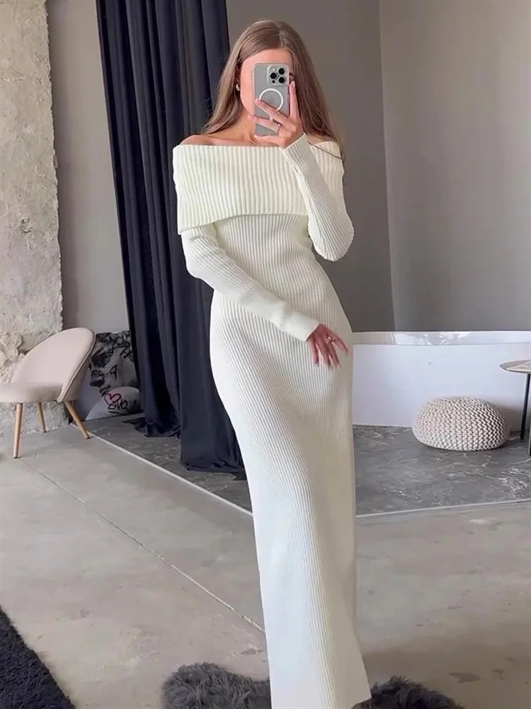 Knit Long Dress Off-shoulder Female Ribbed Loose High Waist Autumn Party Dress Knitwear Maxi Dress