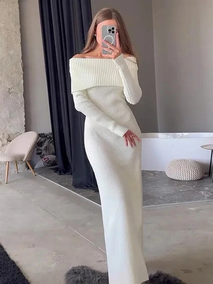 Knit Long Dress Off-shoulder Female Ribbed Loose High Waist Autumn Party Dress Knitwear Maxi Dress