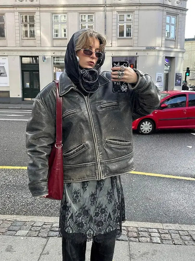 Retro Pocket Lapel Zipper Long Sleeved Coats Distress Buttoned Short Jacket Autumn High Street Outerwear