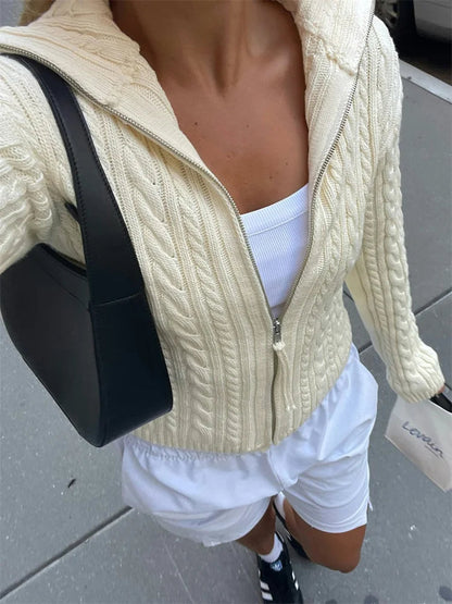 Knit Sweater Cardigan for Patchwork Winter Long Sleeve Lapel Zipper Outwear Knitwear Female New