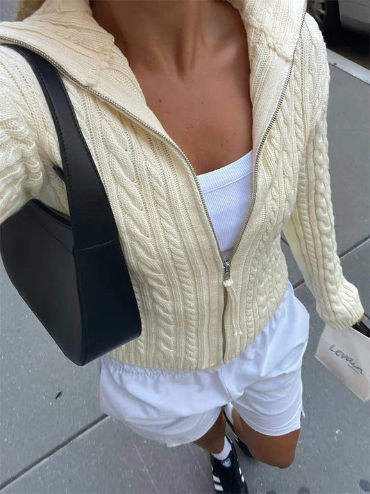 Knit Sweater Cardigan for Patchwork Winter Long Sleeve Lapel Zipper Outwear Knitwear Female New