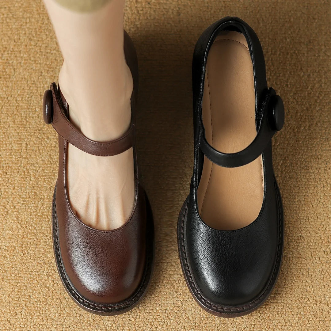Cow Leather Chunky Heel Round Toe Slipon Mary Jane Pumps Soft Comfortable Retro Female Four Season Shoes