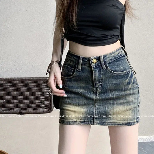 Embroidery Denim Half Skirt Summer Skirt Water Wash Elastic Wrap Hip Short Skirt