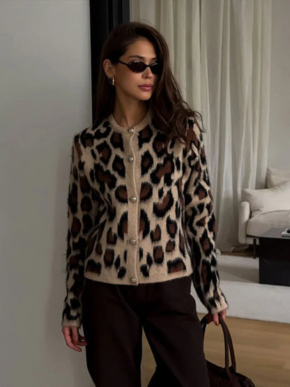 Knitted Leopard Cardigan Slim Single Breasted O-neck Sweaters Female Versatile Basic Street Knitwear