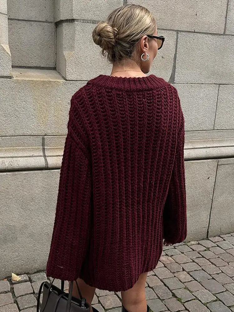 Knitted Mid Long Sweaters Loose O-neck Long Sleeve Dark Red Pullover Sweaters Female Autumn Street Tops