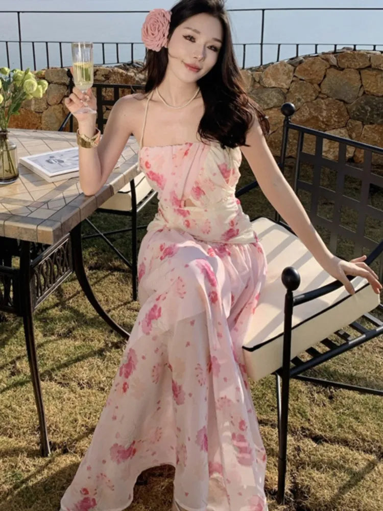 Sweet Print Long Dresses for Strapless Sleeveless Evening Party Dress New Holiday Beach Vestidos