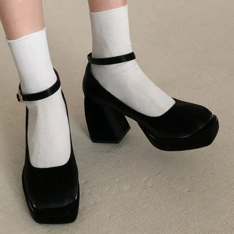 Black Platform Pumps for Super High Heels Buckle Strap Mary Jane Shoes Woman Goth Thick Heeled Party Shoes