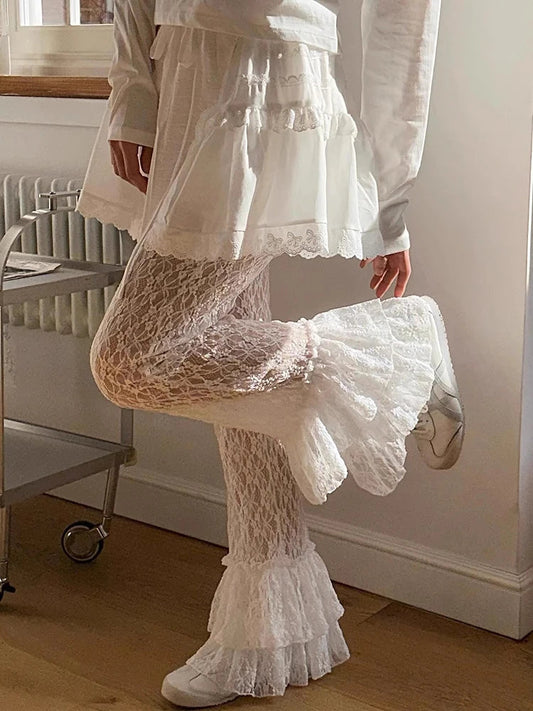 Lace Pants Hook Hollow Out Ruffles Pantalones De Mujer Korean Y2k Spring Trousers