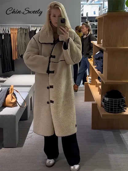 Beige Faux Fur Long Coat Winter Buttons Lapel Long Sleeve Lamb Fleece Jacket New Lady Loose Street Outerwear
