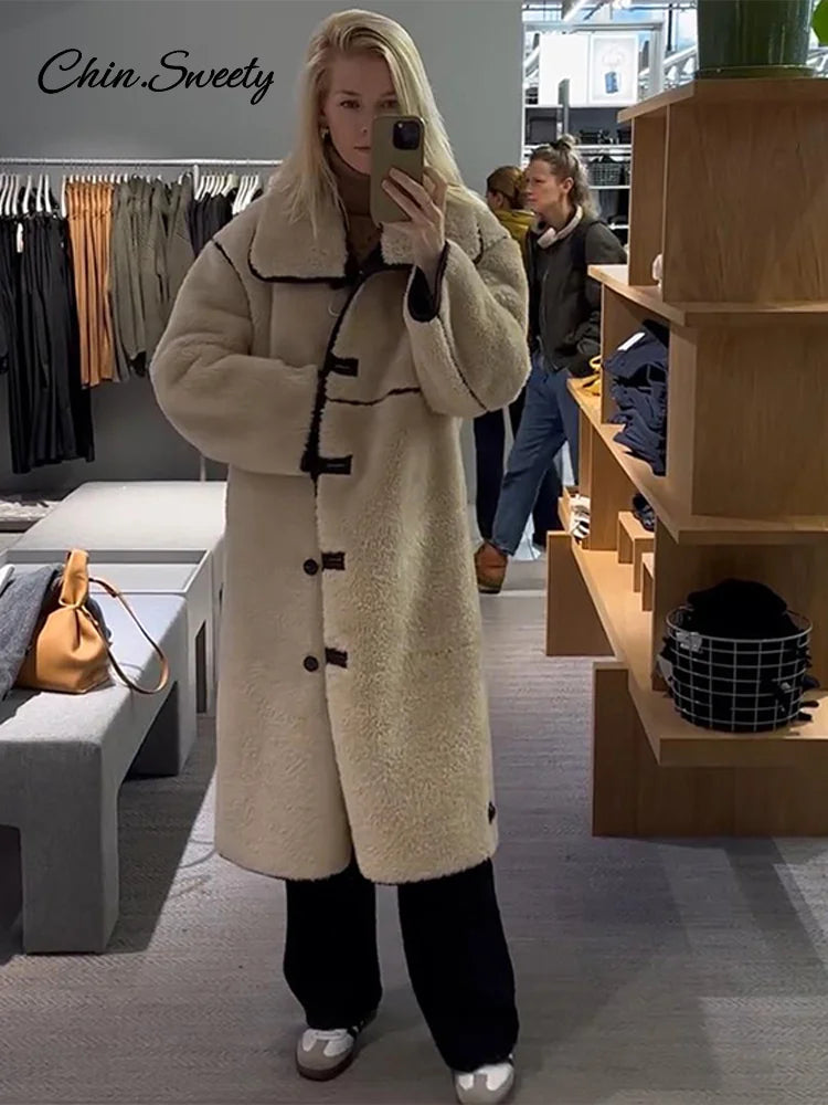 Beige Faux Fur Long Coat Winter Buttons Lapel Long Sleeve Lamb Fleece Jacket New Lady Loose Street Outerwear